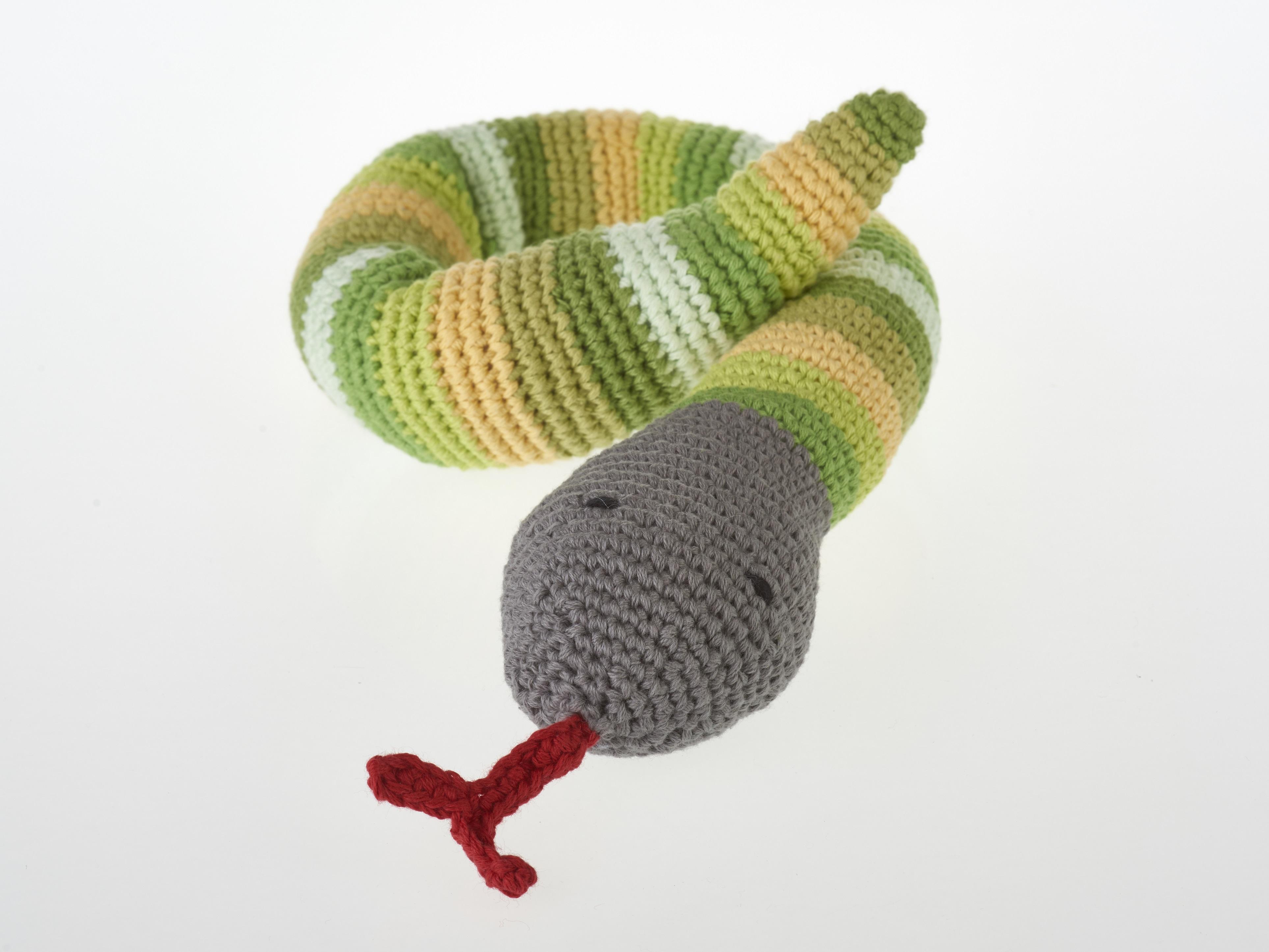 Curled up crochet cotton crochet green stripe snake baby rattle with grey head